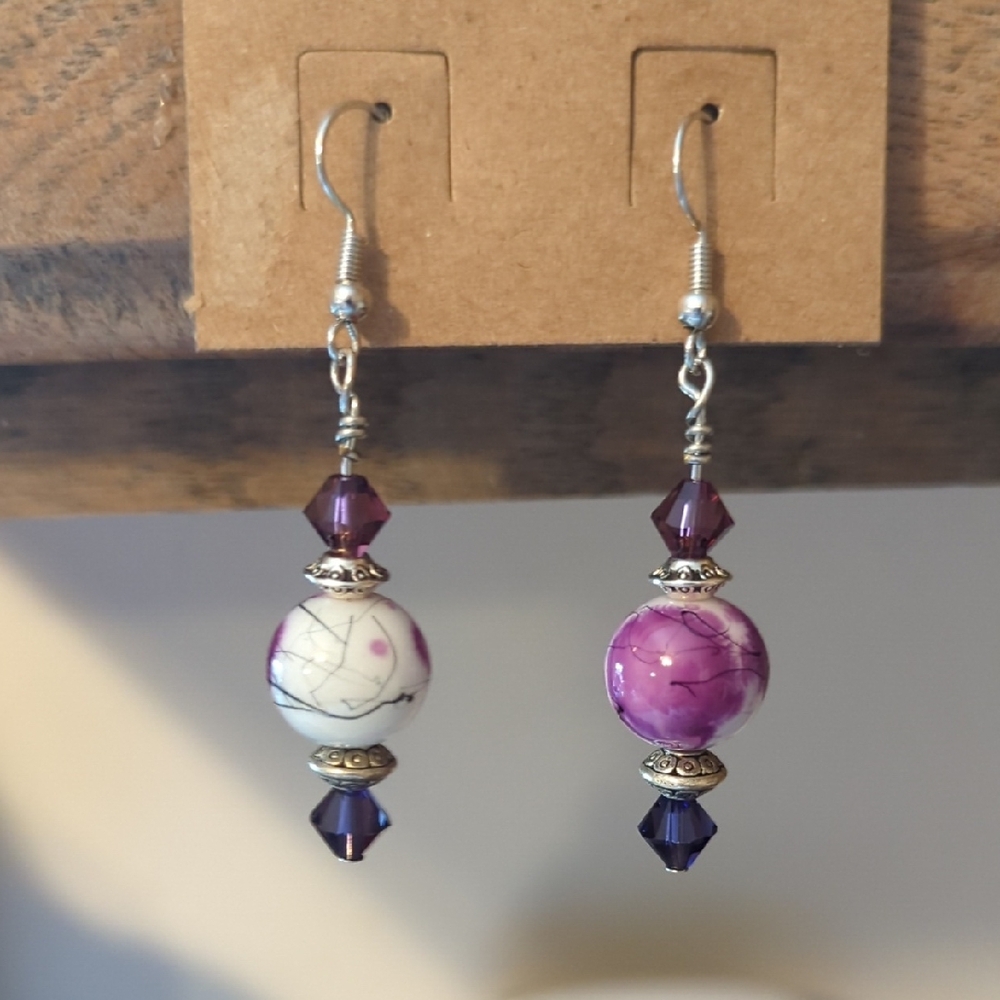 Elegant Purple and White Beaded Earrings